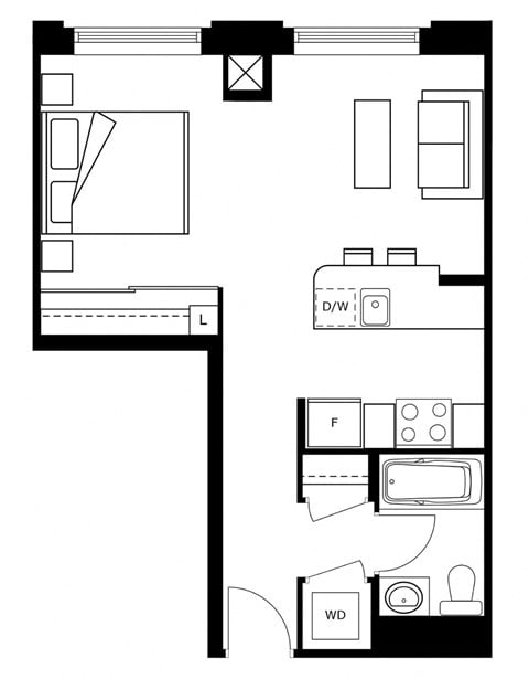 Floor plan for studio, 1 bath, 435 sqft
